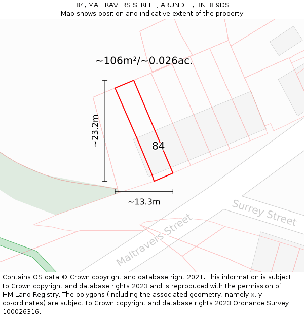 84, MALTRAVERS STREET, ARUNDEL, BN18 9DS: Plot and title map