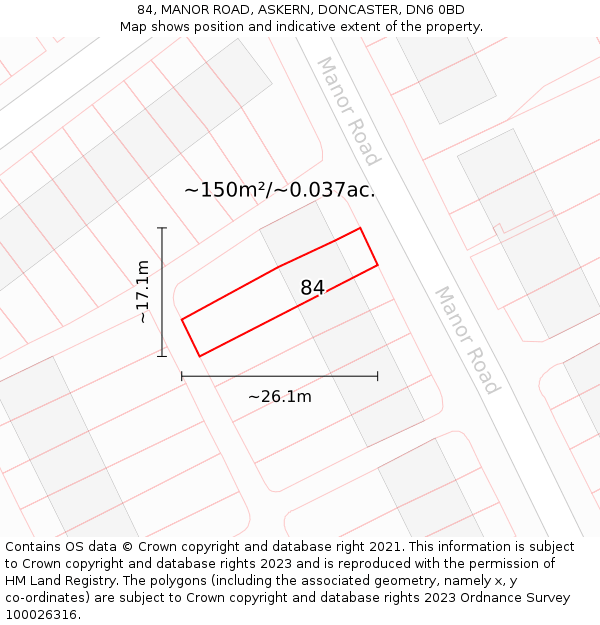 84, MANOR ROAD, ASKERN, DONCASTER, DN6 0BD: Plot and title map
