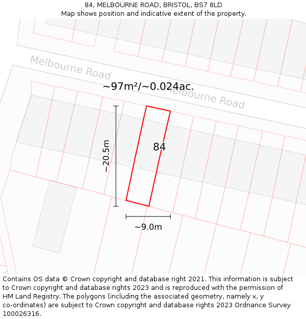 84, MELBOURNE ROAD, BRISTOL, BS7 8LD: Plot and title map