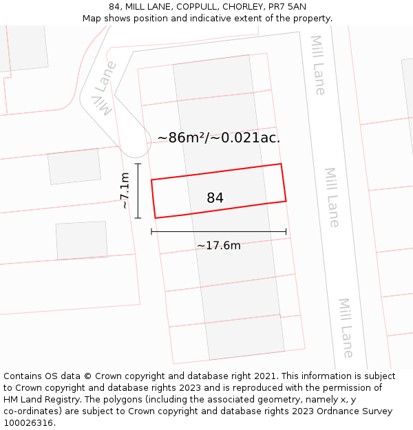 84, MILL LANE, COPPULL, CHORLEY, PR7 5AN: Plot and title map