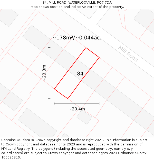 84, MILL ROAD, WATERLOOVILLE, PO7 7DA: Plot and title map