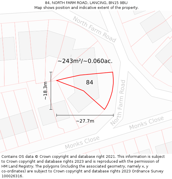 84, NORTH FARM ROAD, LANCING, BN15 9BU: Plot and title map
