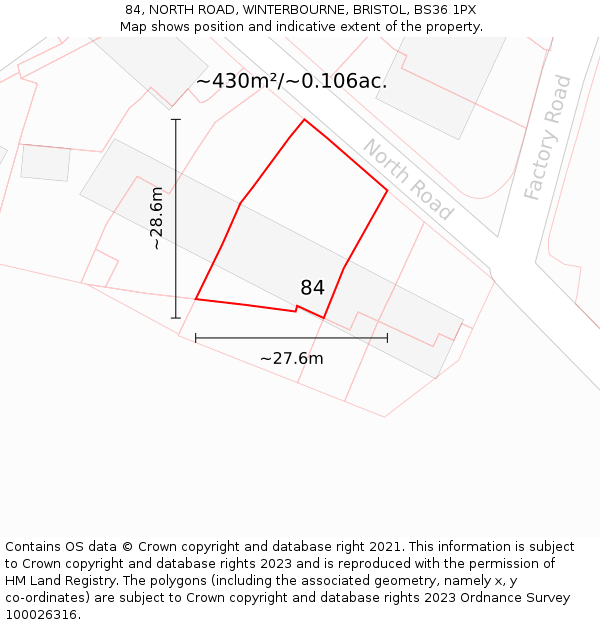 84, NORTH ROAD, WINTERBOURNE, BRISTOL, BS36 1PX: Plot and title map
