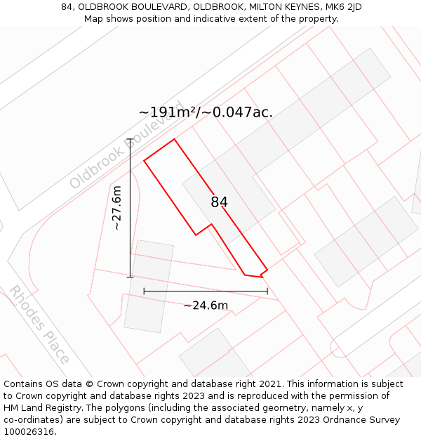 84, OLDBROOK BOULEVARD, OLDBROOK, MILTON KEYNES, MK6 2JD: Plot and title map