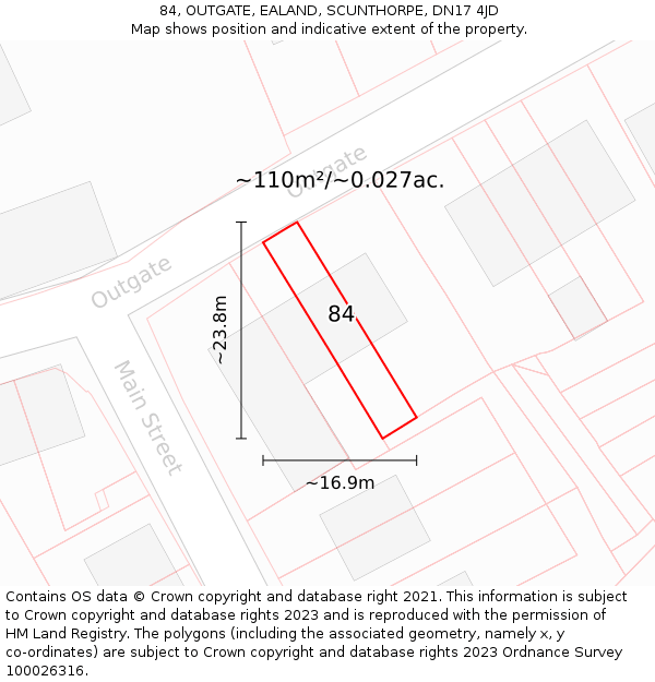 84, OUTGATE, EALAND, SCUNTHORPE, DN17 4JD: Plot and title map