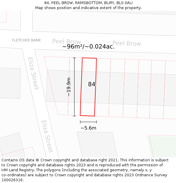 84, PEEL BROW, RAMSBOTTOM, BURY, BL0 0AU: Plot and title map
