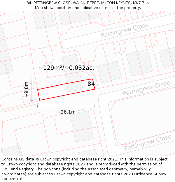 84, PETTINGREW CLOSE, WALNUT TREE, MILTON KEYNES, MK7 7LN: Plot and title map