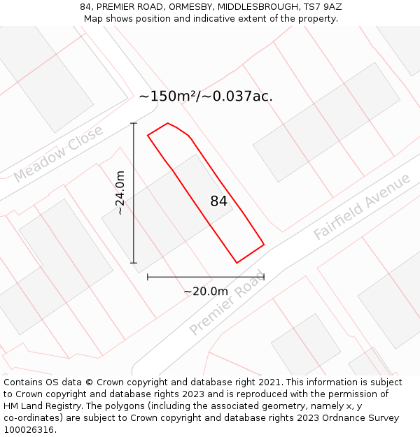 84, PREMIER ROAD, ORMESBY, MIDDLESBROUGH, TS7 9AZ: Plot and title map