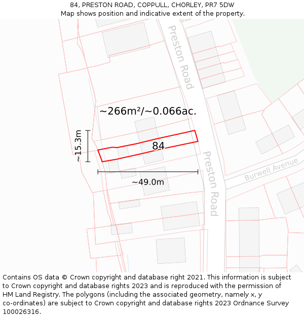 84, PRESTON ROAD, COPPULL, CHORLEY, PR7 5DW: Plot and title map