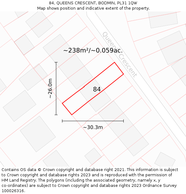84, QUEENS CRESCENT, BODMIN, PL31 1QW: Plot and title map