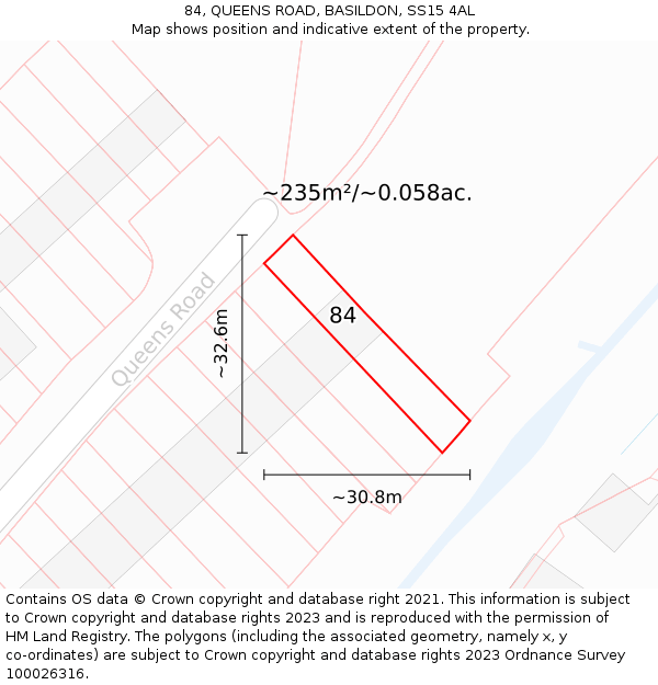 84, QUEENS ROAD, BASILDON, SS15 4AL: Plot and title map