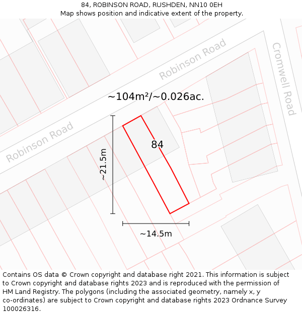 84, ROBINSON ROAD, RUSHDEN, NN10 0EH: Plot and title map