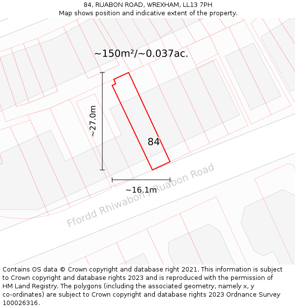 84, RUABON ROAD, WREXHAM, LL13 7PH: Plot and title map