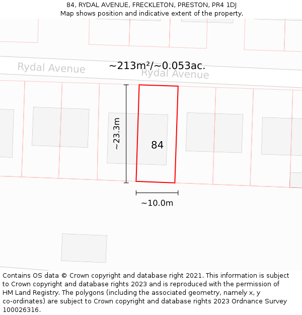 84, RYDAL AVENUE, FRECKLETON, PRESTON, PR4 1DJ: Plot and title map