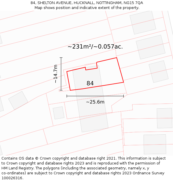 84, SHELTON AVENUE, HUCKNALL, NOTTINGHAM, NG15 7QA: Plot and title map