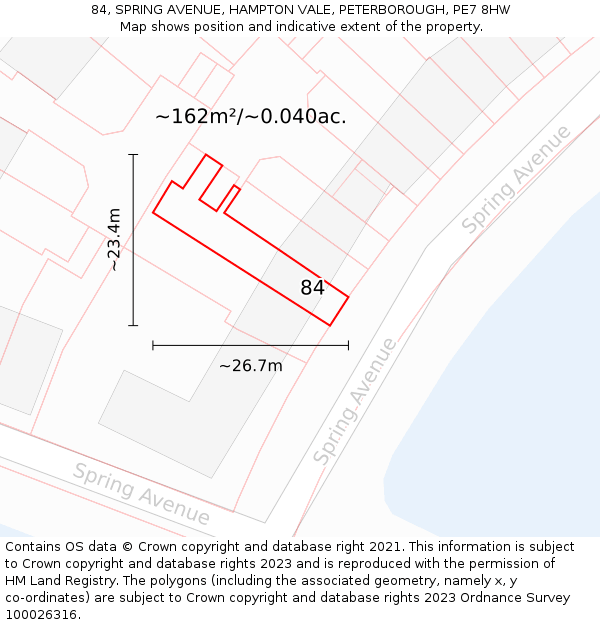 84, SPRING AVENUE, HAMPTON VALE, PETERBOROUGH, PE7 8HW: Plot and title map