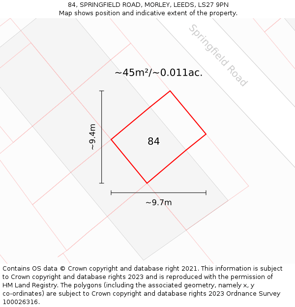 84, SPRINGFIELD ROAD, MORLEY, LEEDS, LS27 9PN: Plot and title map