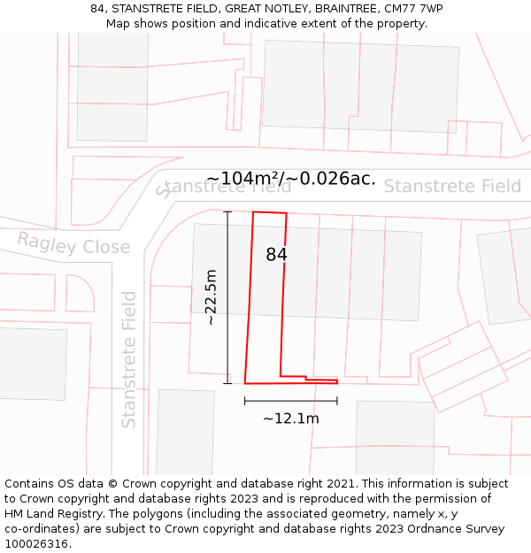 84, STANSTRETE FIELD, GREAT NOTLEY, BRAINTREE, CM77 7WP: Plot and title map