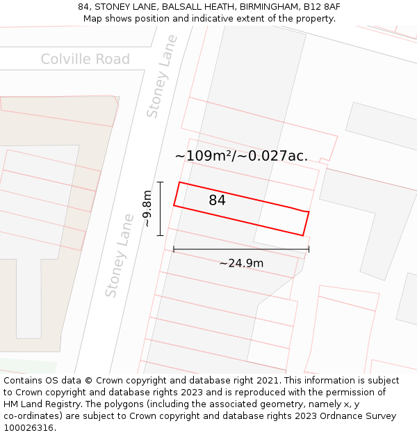 84, STONEY LANE, BALSALL HEATH, BIRMINGHAM, B12 8AF: Plot and title map