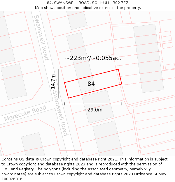 84, SWANSWELL ROAD, SOLIHULL, B92 7EZ: Plot and title map