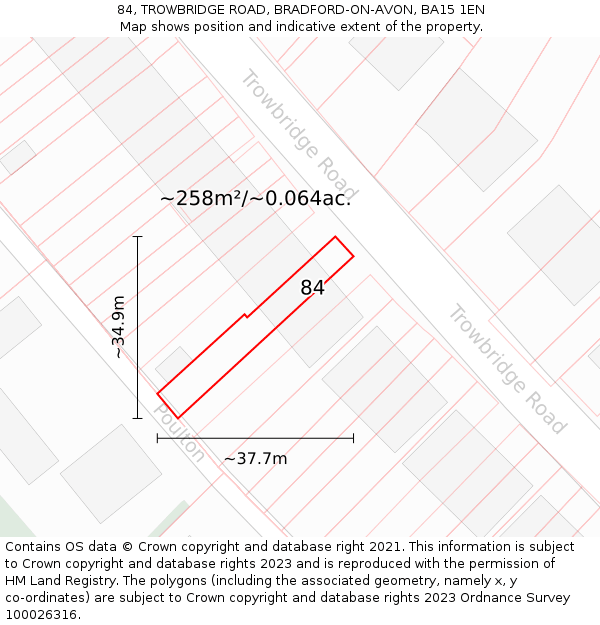 84, TROWBRIDGE ROAD, BRADFORD-ON-AVON, BA15 1EN: Plot and title map