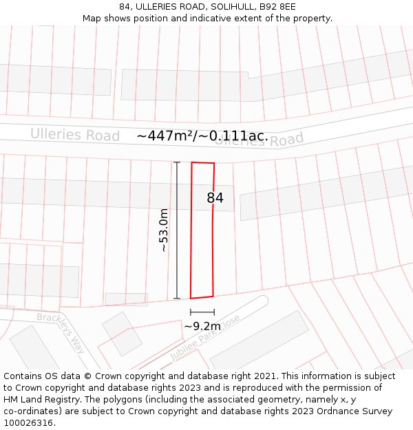 84, ULLERIES ROAD, SOLIHULL, B92 8EE: Plot and title map