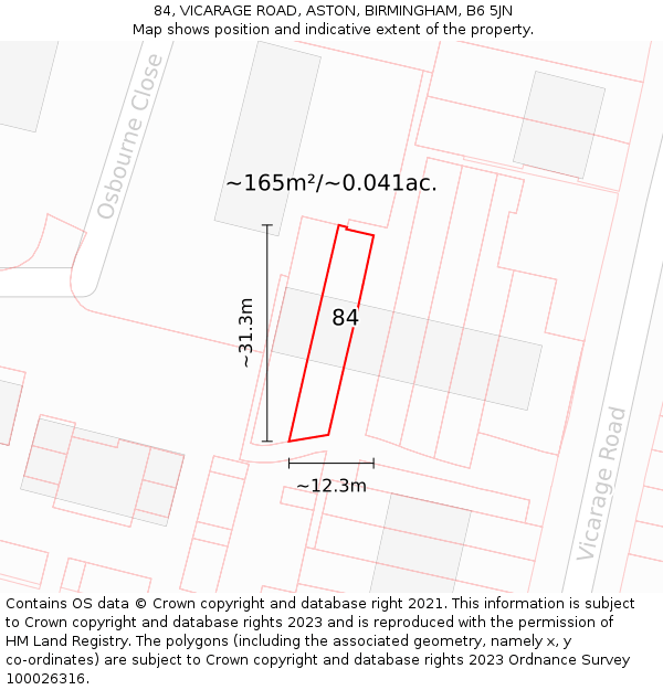 84, VICARAGE ROAD, ASTON, BIRMINGHAM, B6 5JN: Plot and title map