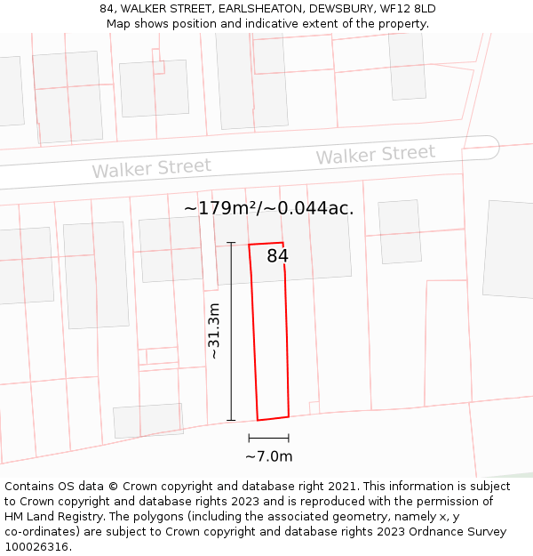 84, WALKER STREET, EARLSHEATON, DEWSBURY, WF12 8LD: Plot and title map
