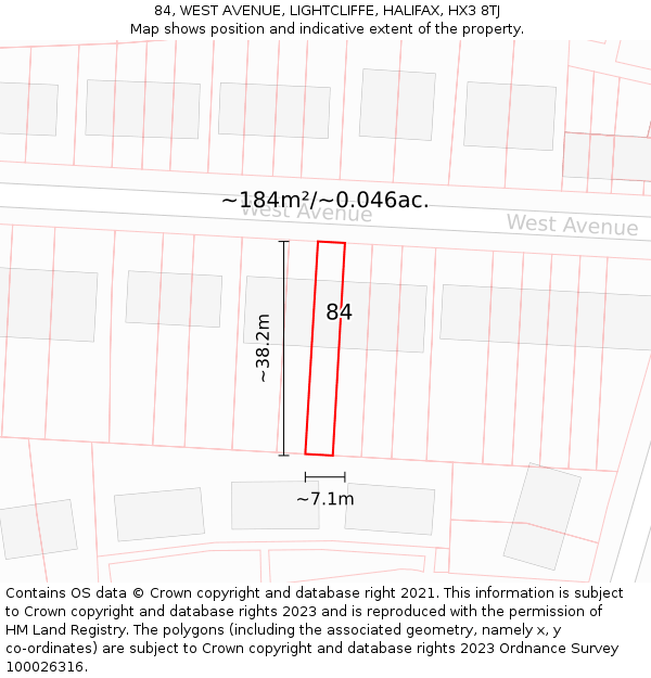 84, WEST AVENUE, LIGHTCLIFFE, HALIFAX, HX3 8TJ: Plot and title map