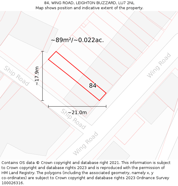 84, WING ROAD, LEIGHTON BUZZARD, LU7 2NL: Plot and title map