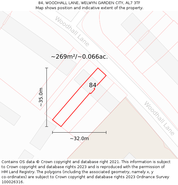 84, WOODHALL LANE, WELWYN GARDEN CITY, AL7 3TF: Plot and title map