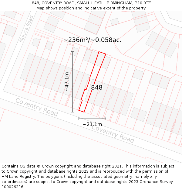 848, COVENTRY ROAD, SMALL HEATH, BIRMINGHAM, B10 0TZ: Plot and title map