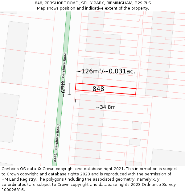 848, PERSHORE ROAD, SELLY PARK, BIRMINGHAM, B29 7LS: Plot and title map