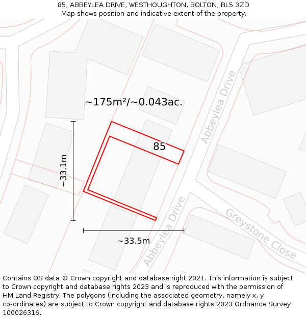 85, ABBEYLEA DRIVE, WESTHOUGHTON, BOLTON, BL5 3ZD: Plot and title map