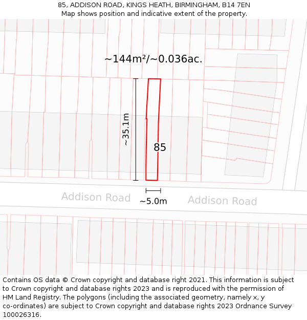 85, ADDISON ROAD, KINGS HEATH, BIRMINGHAM, B14 7EN: Plot and title map