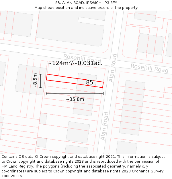 85, ALAN ROAD, IPSWICH, IP3 8EY: Plot and title map