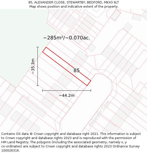 85, ALEXANDER CLOSE, STEWARTBY, BEDFORD, MK43 9LT: Plot and title map