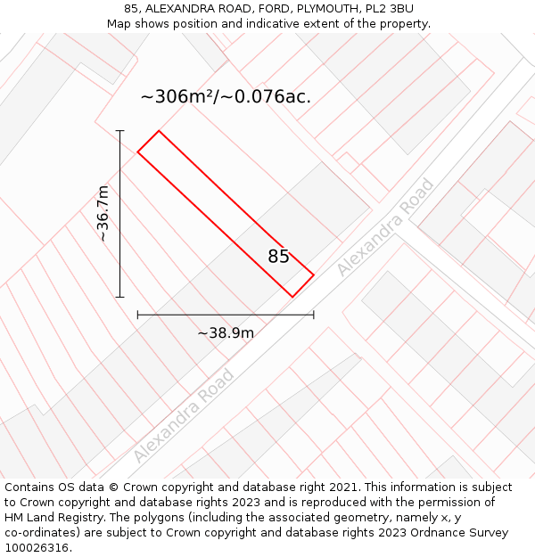 85, ALEXANDRA ROAD, FORD, PLYMOUTH, PL2 3BU: Plot and title map