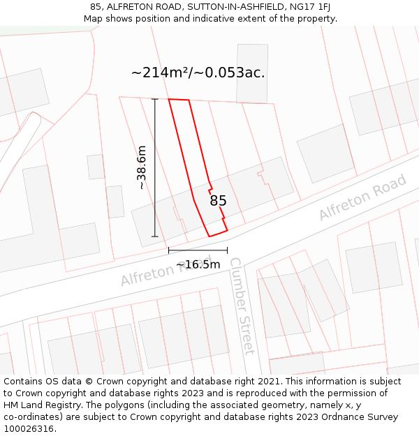 85, ALFRETON ROAD, SUTTON-IN-ASHFIELD, NG17 1FJ: Plot and title map