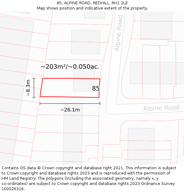 85, ALPINE ROAD, REDHILL, RH1 2LE: Plot and title map
