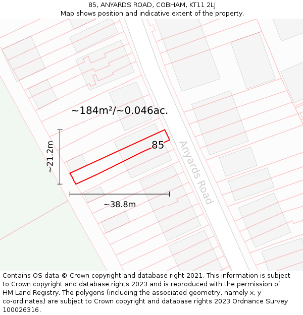 85, ANYARDS ROAD, COBHAM, KT11 2LJ: Plot and title map