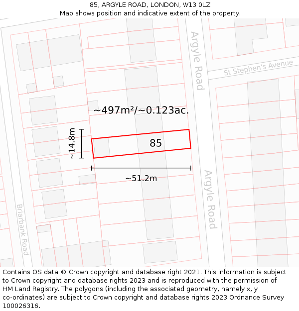 85, ARGYLE ROAD, LONDON, W13 0LZ: Plot and title map