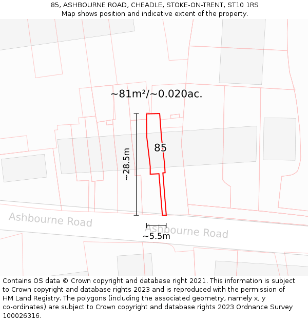 85, ASHBOURNE ROAD, CHEADLE, STOKE-ON-TRENT, ST10 1RS: Plot and title map