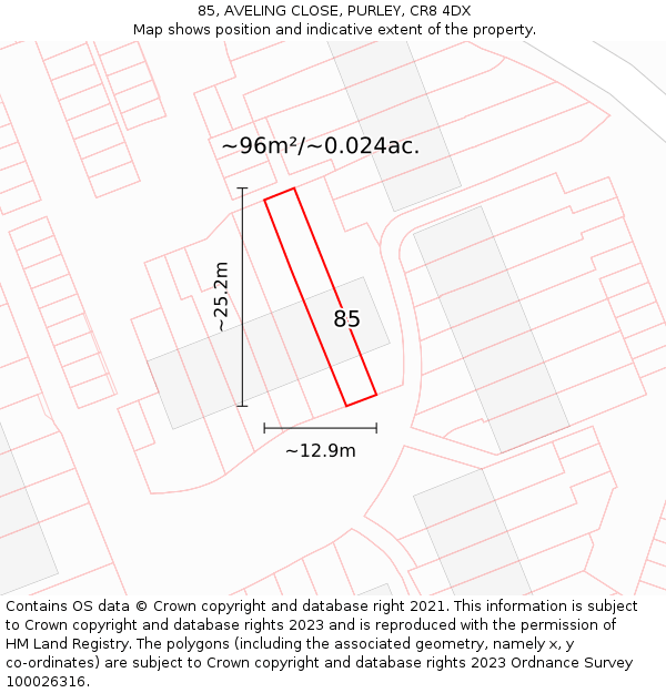 85, AVELING CLOSE, PURLEY, CR8 4DX: Plot and title map