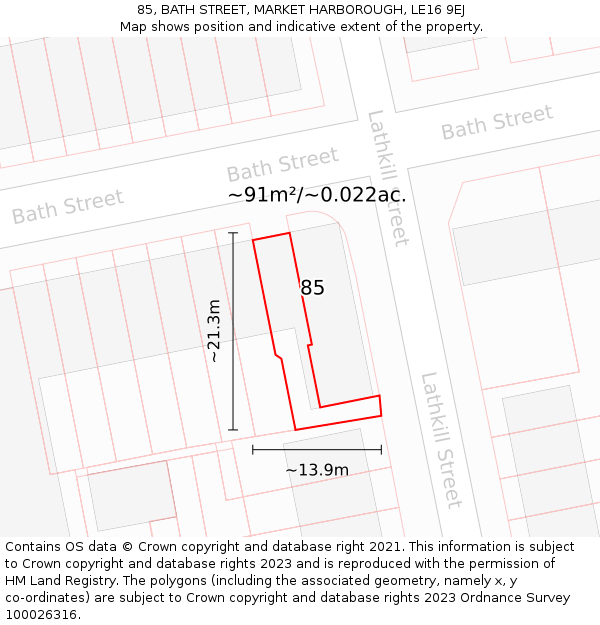 85, BATH STREET, MARKET HARBOROUGH, LE16 9EJ: Plot and title map