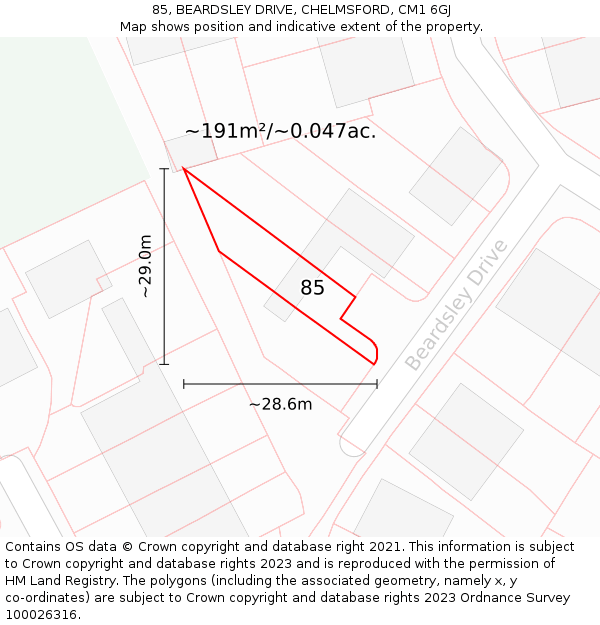 85, BEARDSLEY DRIVE, CHELMSFORD, CM1 6GJ: Plot and title map