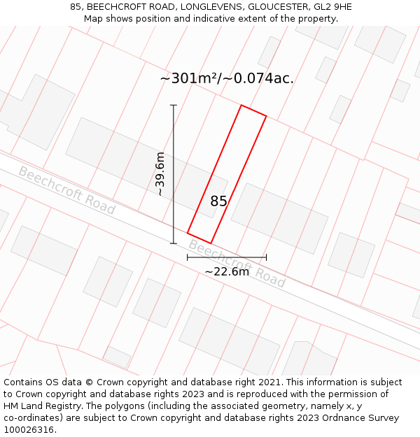 85, BEECHCROFT ROAD, LONGLEVENS, GLOUCESTER, GL2 9HE: Plot and title map