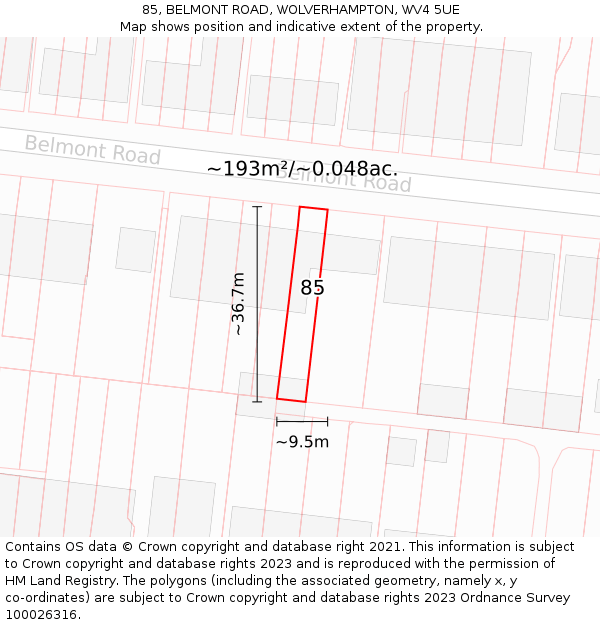 85, BELMONT ROAD, WOLVERHAMPTON, WV4 5UE: Plot and title map