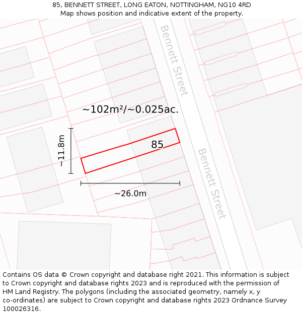 85, BENNETT STREET, LONG EATON, NOTTINGHAM, NG10 4RD: Plot and title map