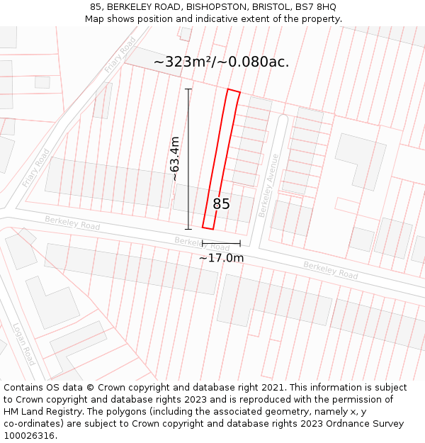 85, BERKELEY ROAD, BISHOPSTON, BRISTOL, BS7 8HQ: Plot and title map
